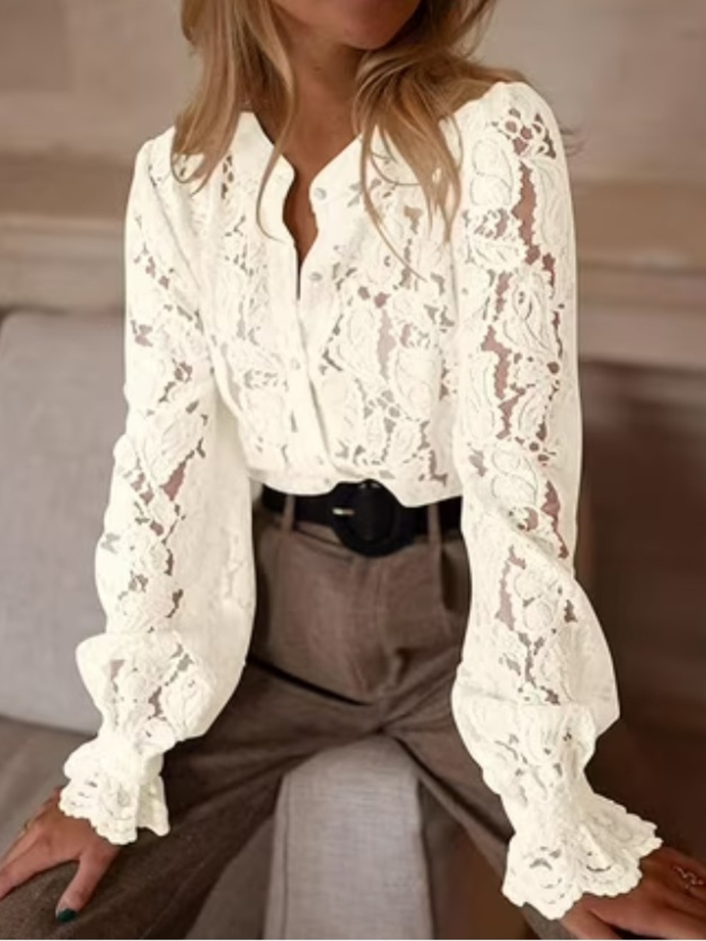 NWT PRETTYGARDEN Dressy Casual Lace Blouse Top cottage-core Apricot Beige SZ Lg